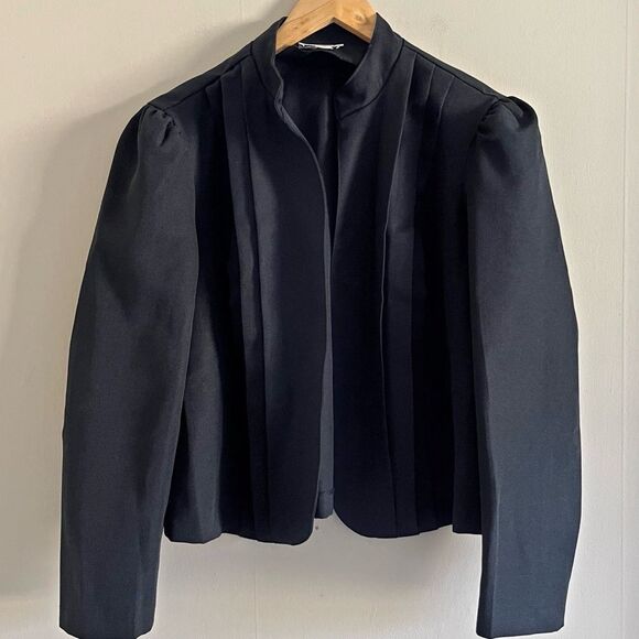 Vintage 70s Black Puff Sleeve Blazer L XL Dark Academia Pleated Gothic Mod - Picture 1 of 12